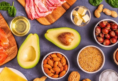Ketogenic diet foods laid out on a table