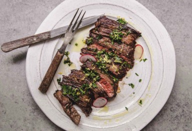 Sliced steak on white plate